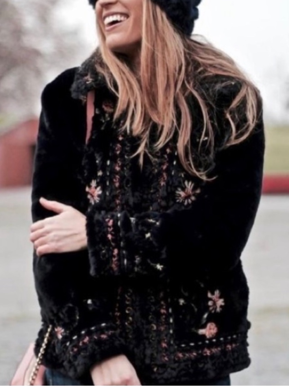 Zara Midnight Navy Embroidered Floral Plush Coat Boho Folk Romantic Faux Fur - Picture 2 of 14